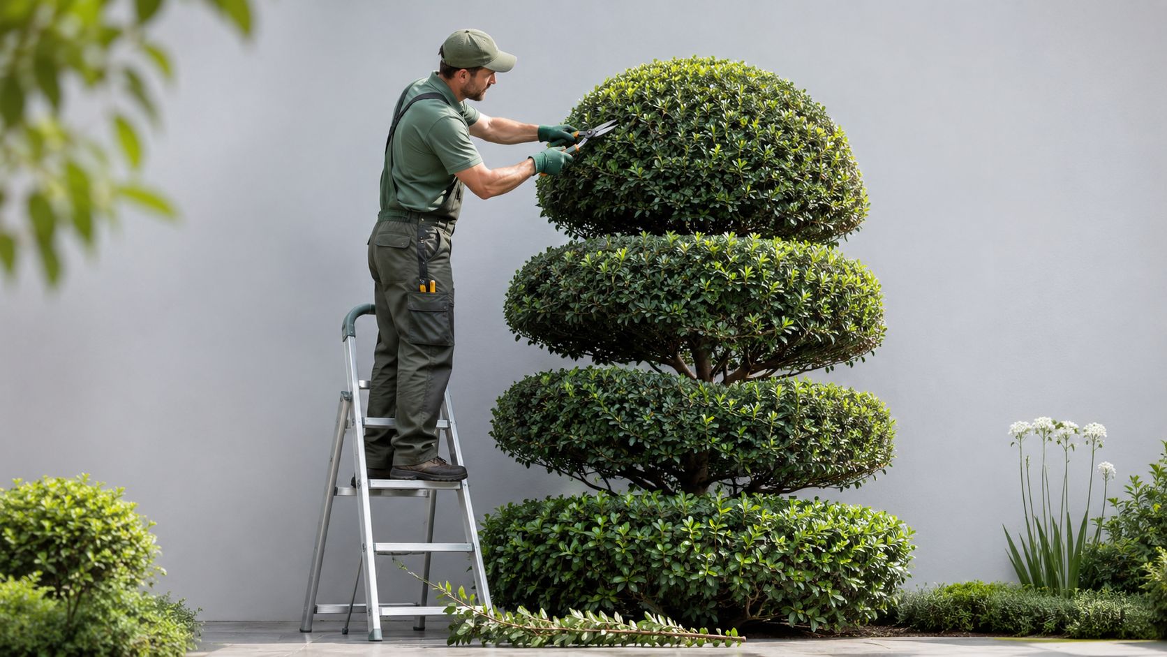 A professional landscaper carefully trims a multi-tiered topiary tree using hand shears while standing on a ladder.