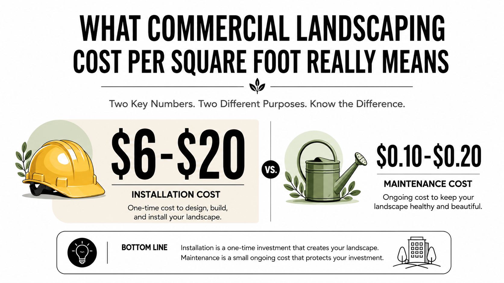 An infographic comparing commercial landscaping costs, showing $6-$20 for installation and $0.10-$0.20 for ongoing maintenance.