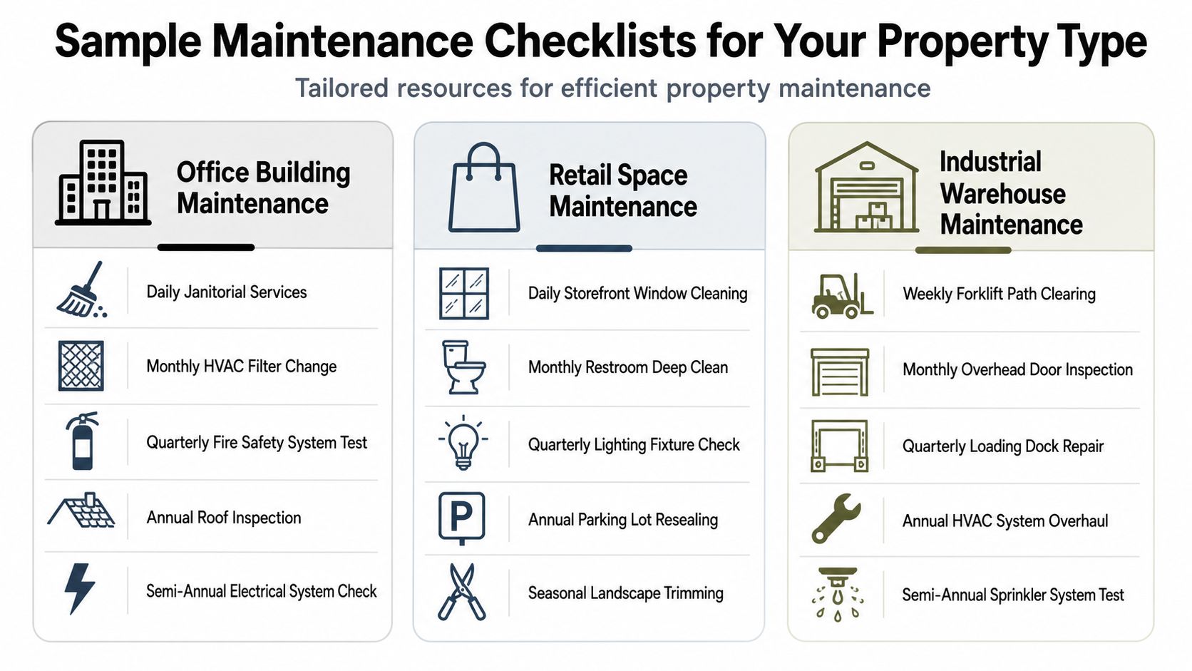 A chart showing sample maintenance checklists for office, retail, and industrial property types with various recurring tasks.