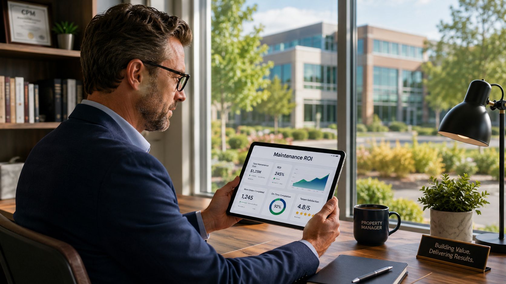 A professional property manager sitting at a desk reviewing maintenance ROI statistics on a digital tablet.