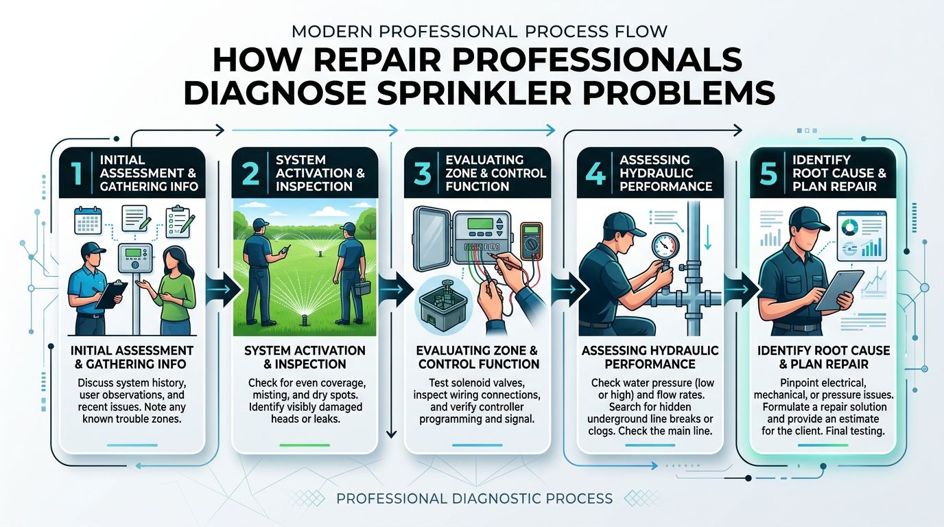 A professional infographic illustrating the five-step process for diagnosing and repairing residential or commercial sprinkler systems.
