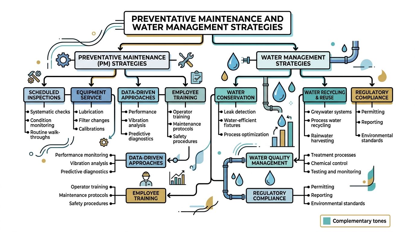 A detailed flowchart illustrating preventative maintenance and water management strategies for facility operations and industrial systems.
