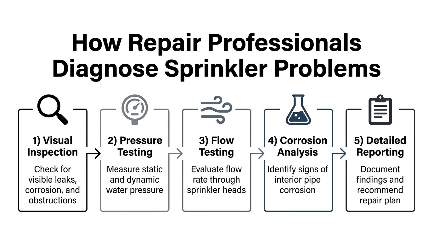 A five-step flowchart illustrating how professional technicians diagnose and repair commercial sprinkler systems for optimal performance.
