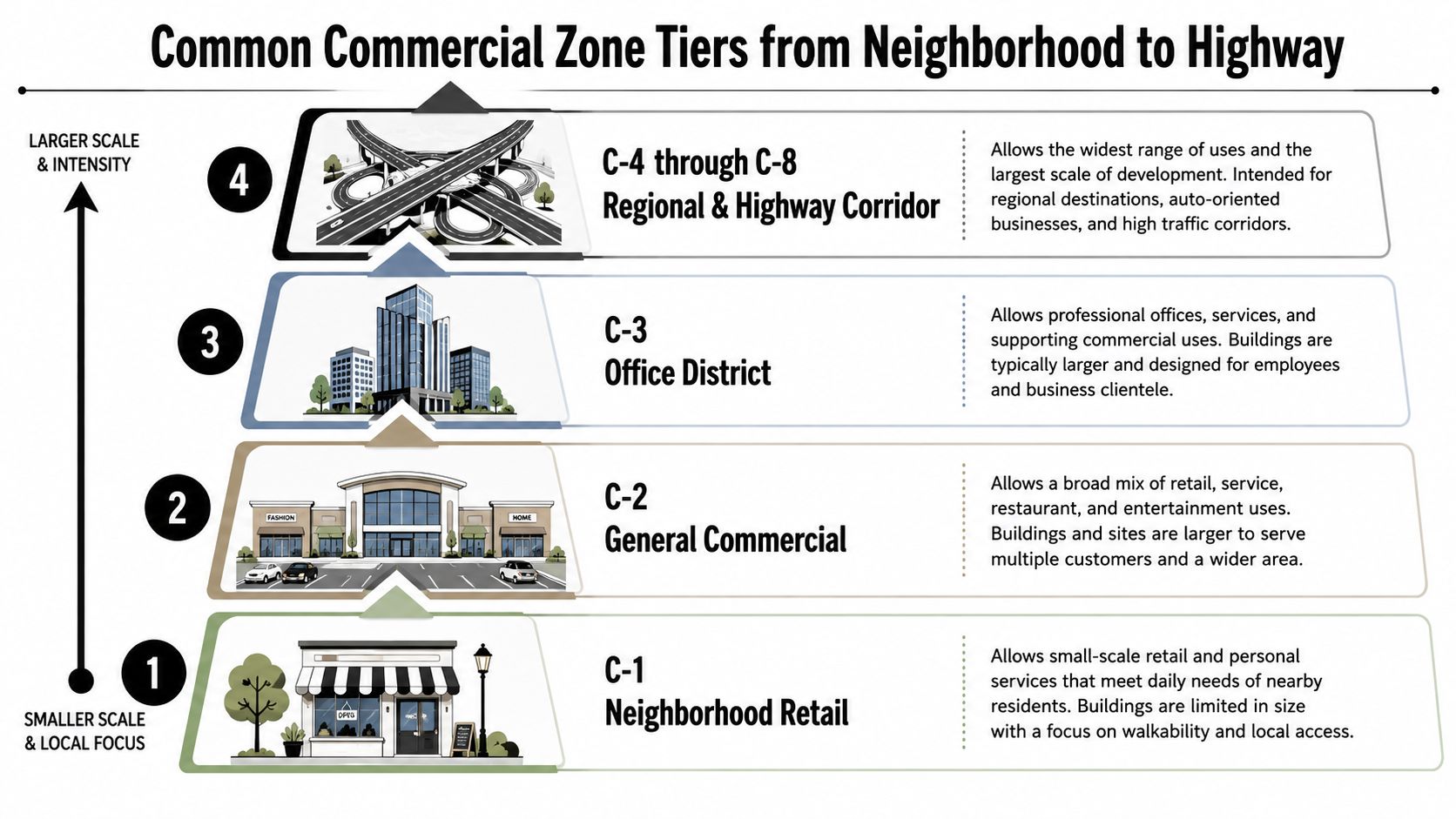 A hierarchical diagram illustrating four common commercial zoning tiers, ranging from neighborhood retail to regional highway corridors.