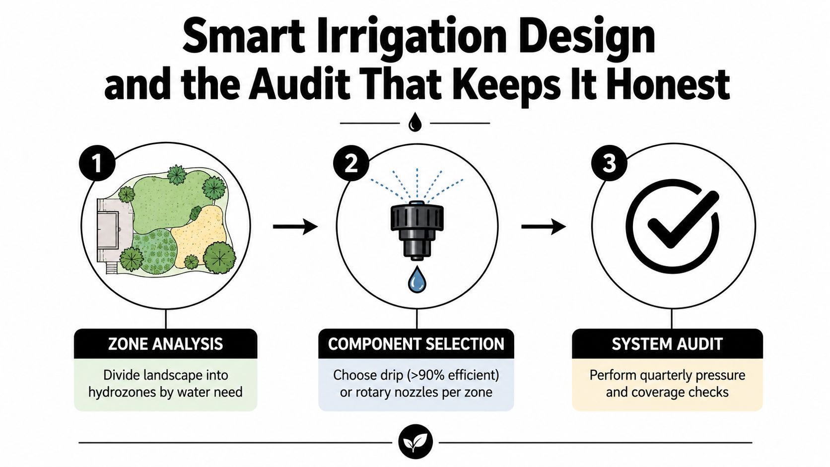 A three-step infographic illustrating the process of smart irrigation design, including zone analysis, component selection, and audits.