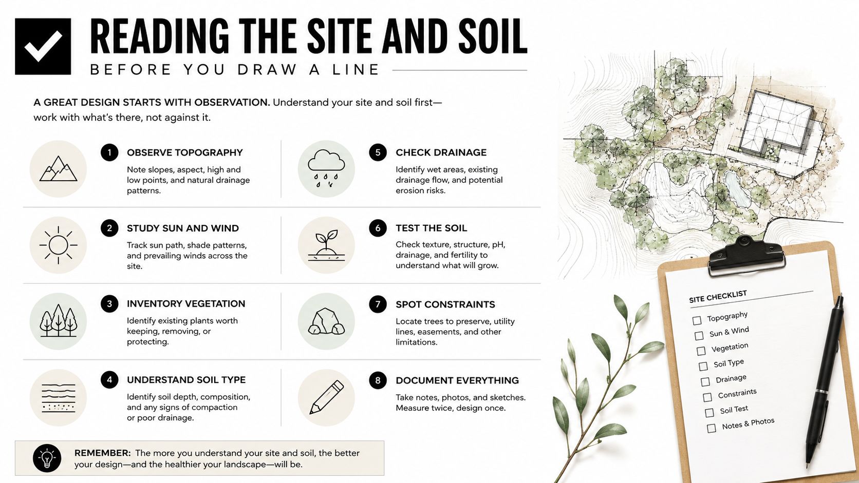 An infographic detailing eight essential steps for site and soil assessment before landscape design planning begins.