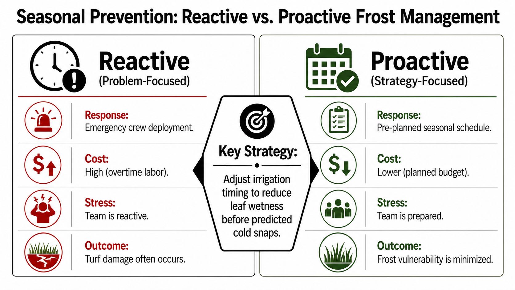 A comparison chart showing reactive versus proactive strategies for managing frost on turfgrass to minimize damage.