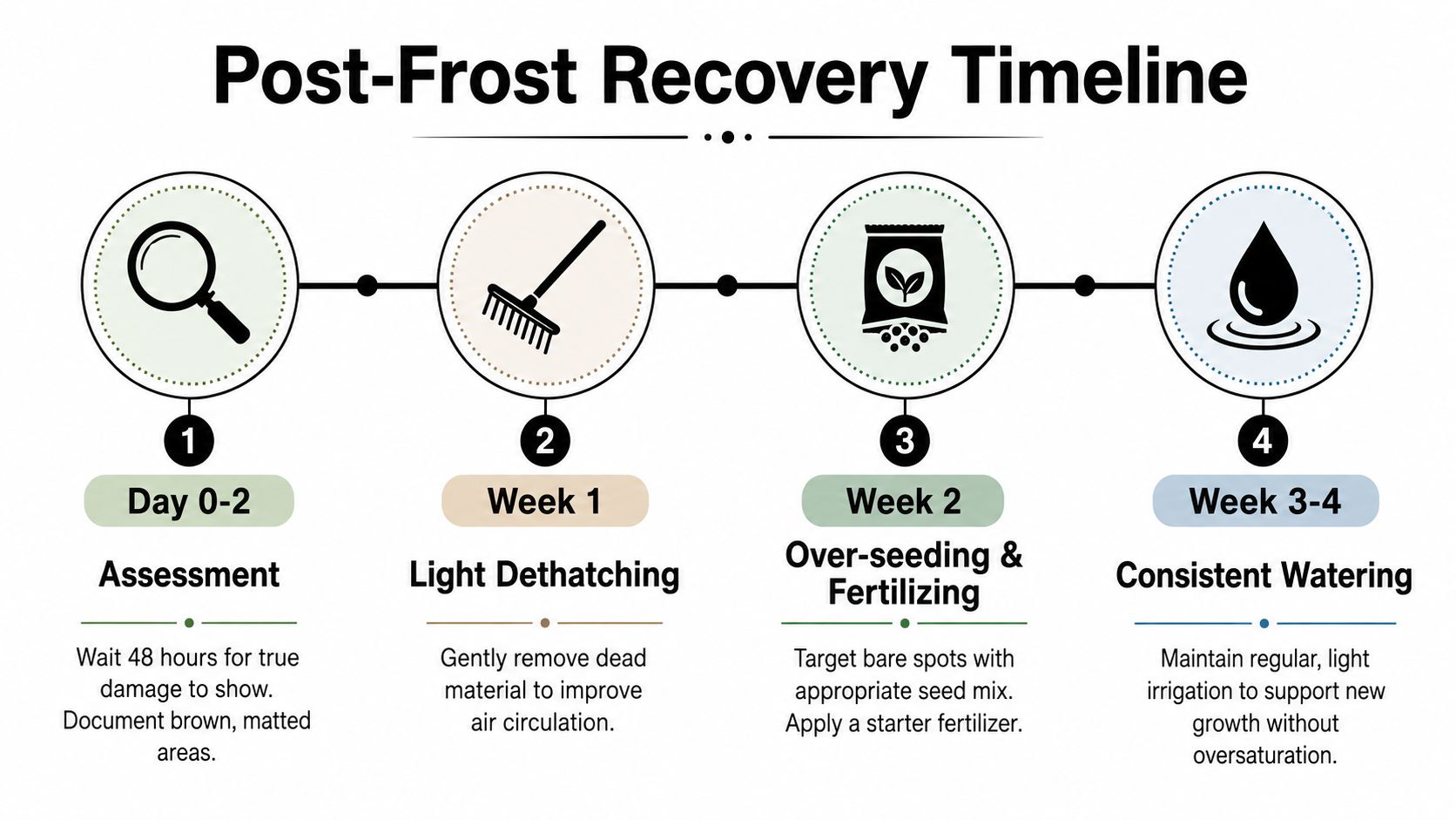 A four-step infographic illustrating a post-frost recovery timeline for lawn care and restoration management.