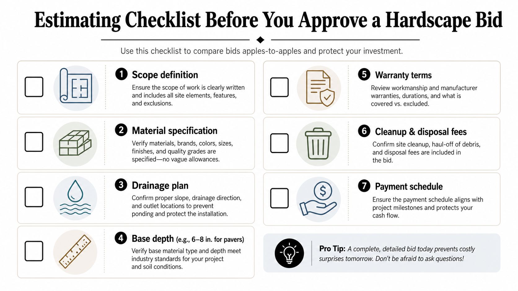 A checklist infographic titled Estimating Checklist Before You Approve a Hardscape Bid featuring seven key planning steps.