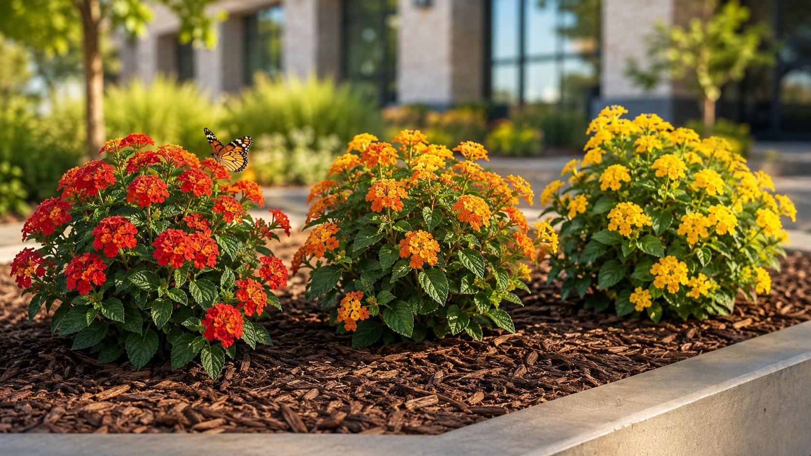 A vibrant garden bed featuring three colorful bushes of heat tolerant perennial lantana flowers with a butterfly.