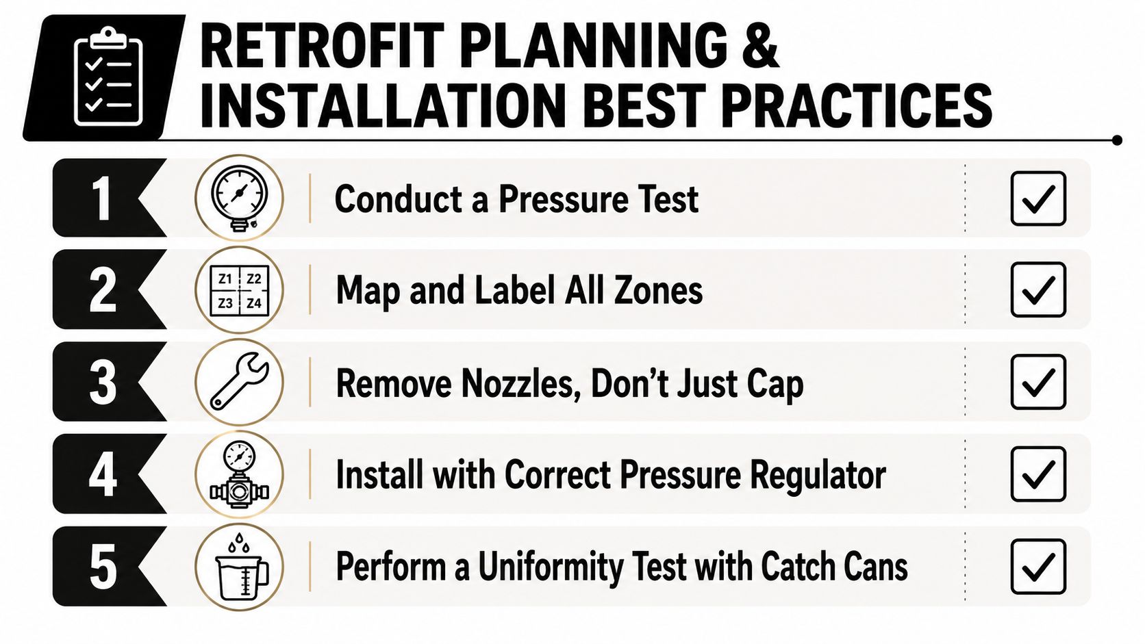 A checklist illustrating five best practices for planning and installing high efficiency sprinkler system retrofits.