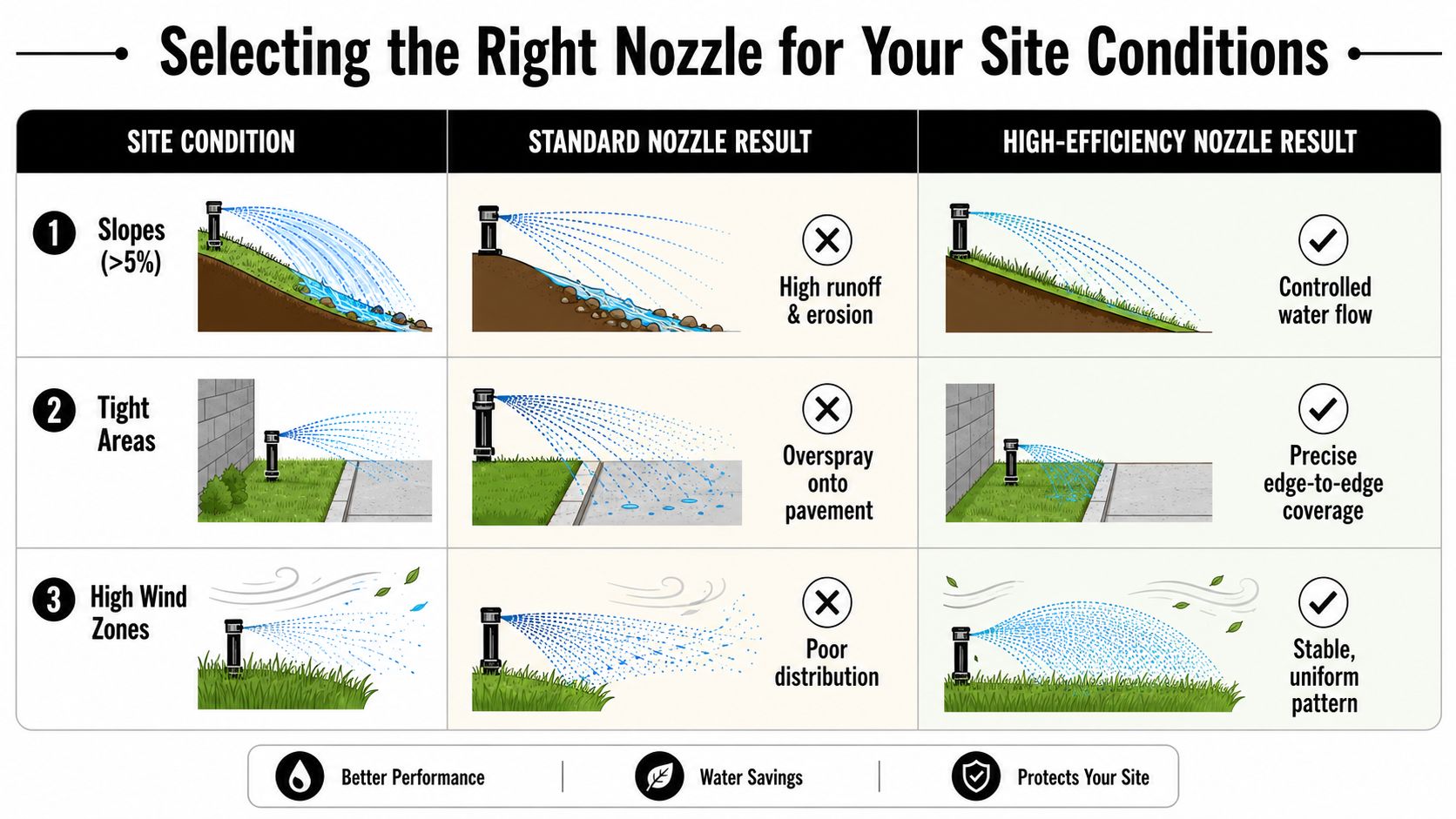 A comparison chart showing how high-efficiency nozzles improve irrigation performance on slopes, in tight areas, and in windy conditions.