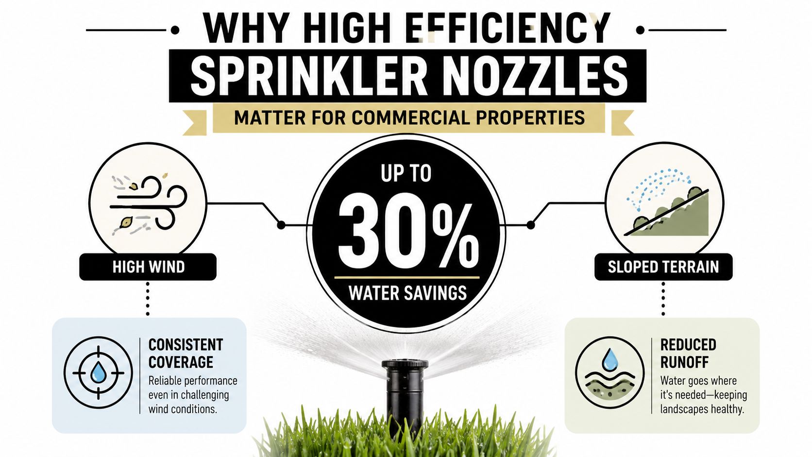 An infographic showing that high efficiency sprinkler nozzles provide up to 30% water savings for commercial properties.