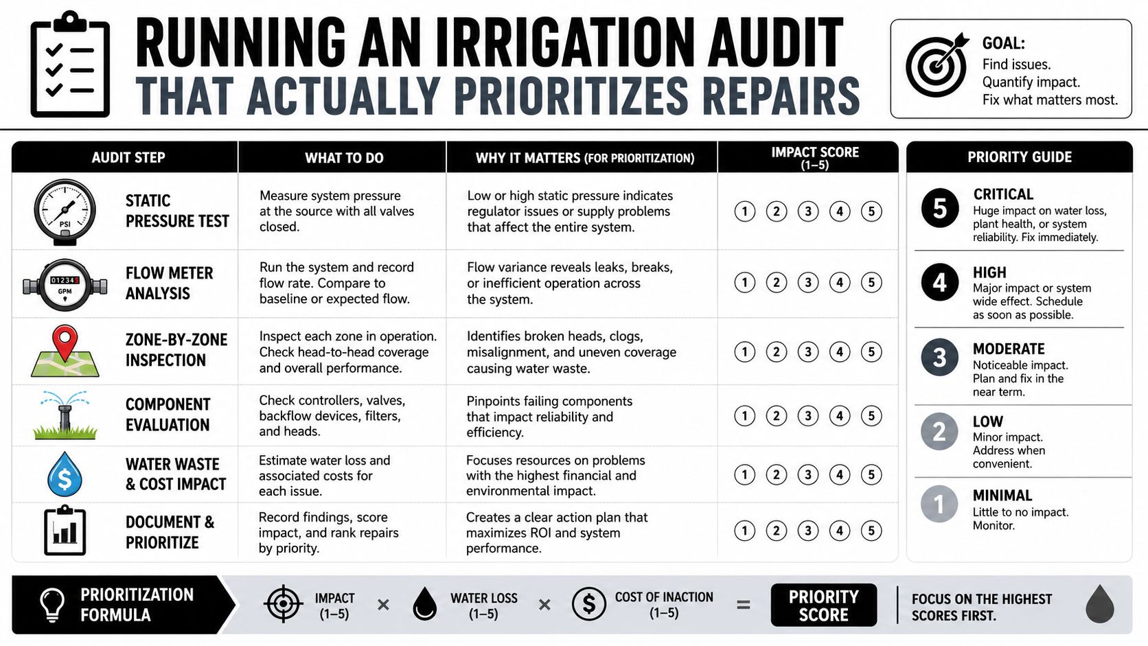 An infographic showing a systematic step-by-step approach to auditing an irrigation system to prioritize maintenance repairs.