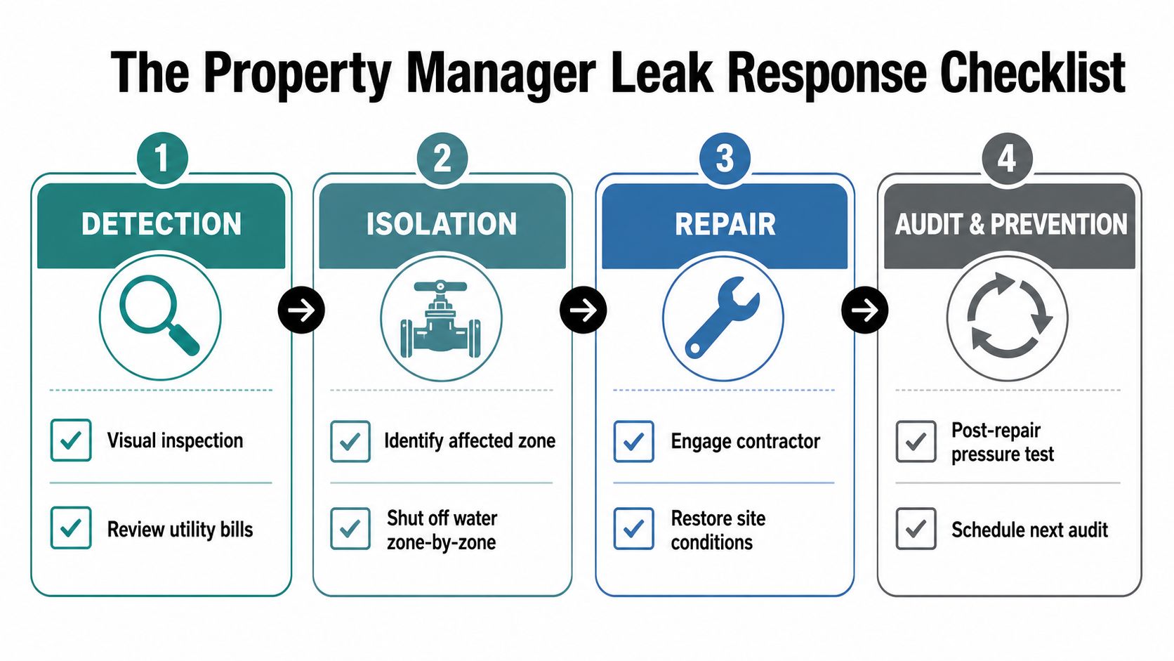 A four-step checklist illustration detailing the process for property managers to detect, isolate, repair, and prevent leaks.