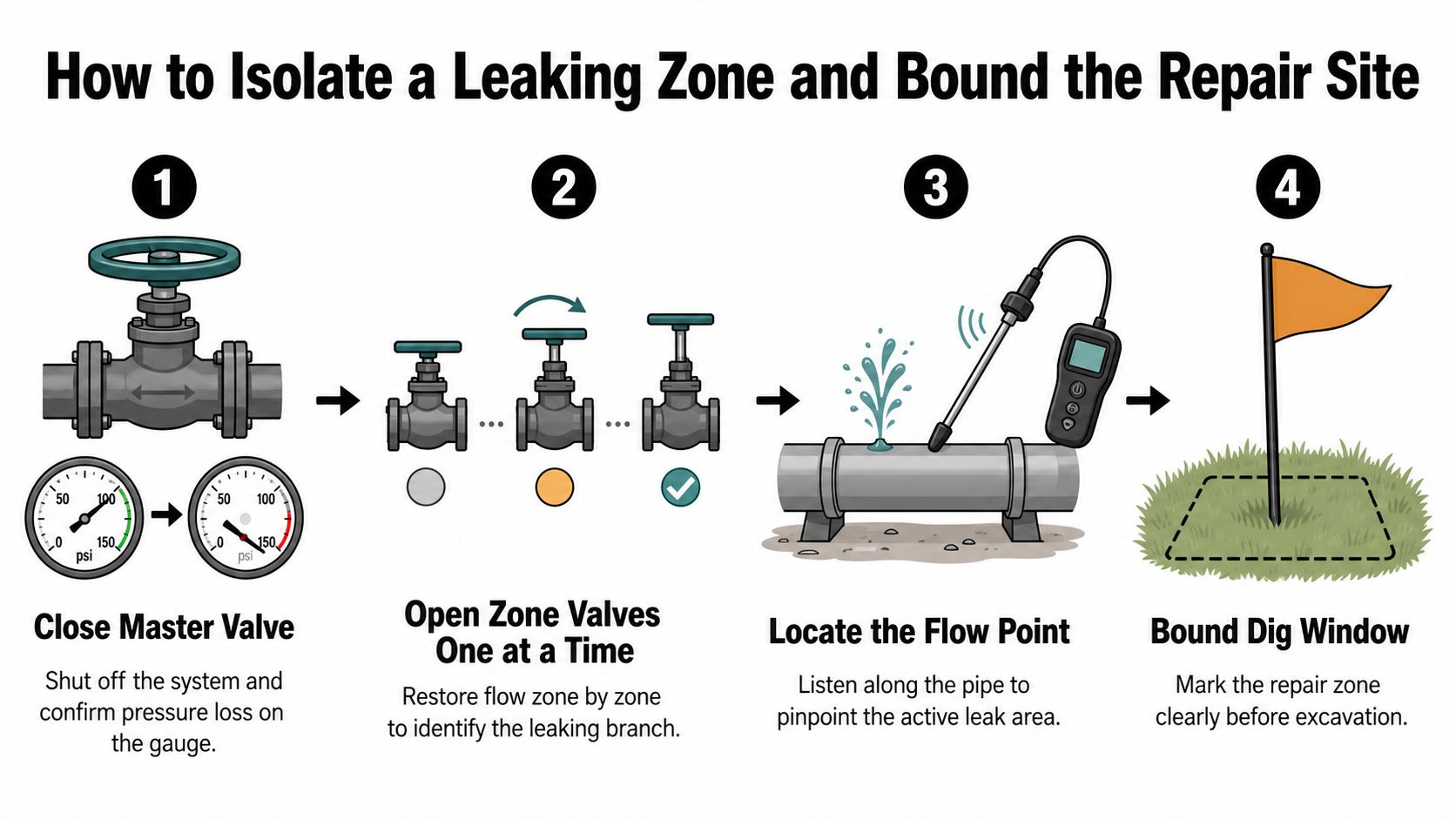 A four-step infographic illustrating how to isolate a leaking irrigation zone and mark the pipe repair site.