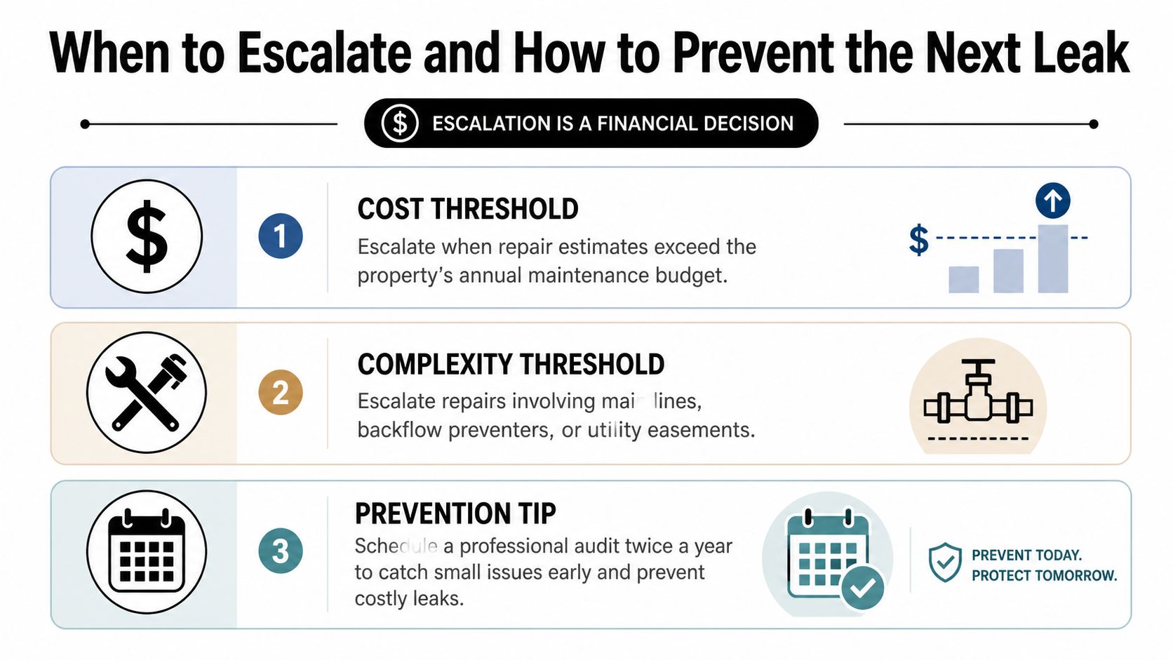 An infographic detailing three key strategies for managing property maintenance, repair cost thresholds, and leak prevention techniques.