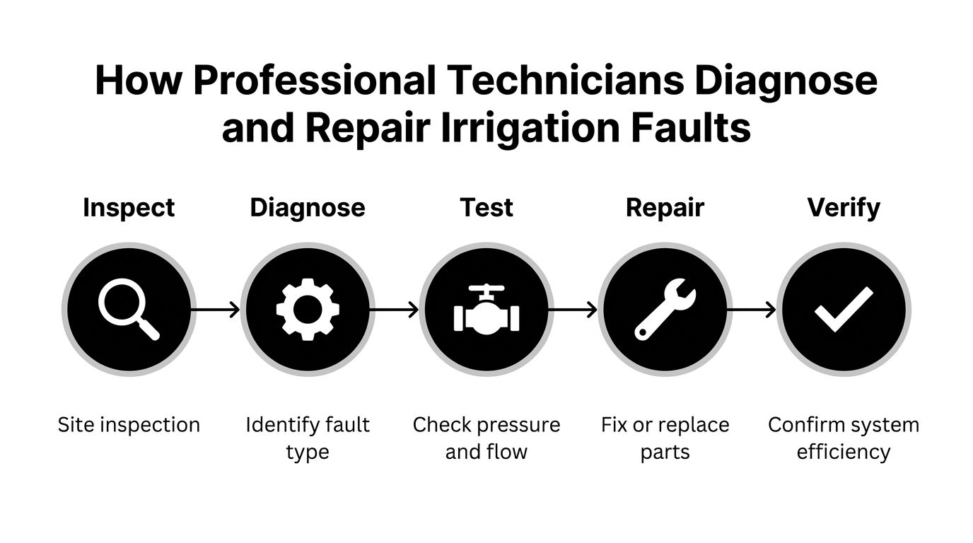 A flow chart illustrating the five-step process professional technicians use to diagnose and repair irrigation system faults.