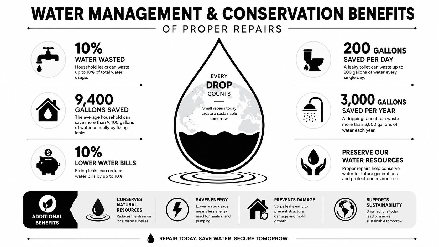 An infographic showing water management and conservation benefits of repairing household leaks to save water and money.