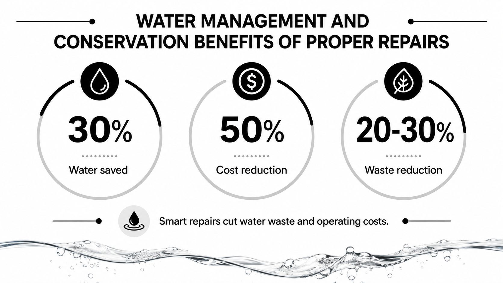 An infographic illustrating how proper repairs help with water conservation, reducing costs, and decreasing waste.