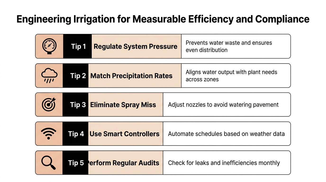 A five-point infographic detailing engineering strategies for efficient irrigation systems to ensure water conservation and compliance.
