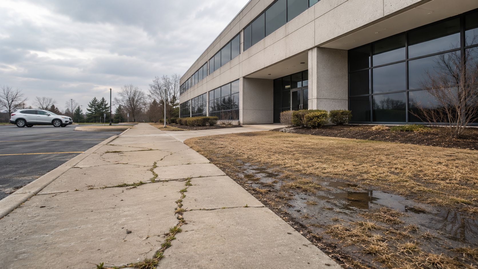 A modern commercial office building exterior with a cracked concrete sidewalk and a nearby parking lot area.