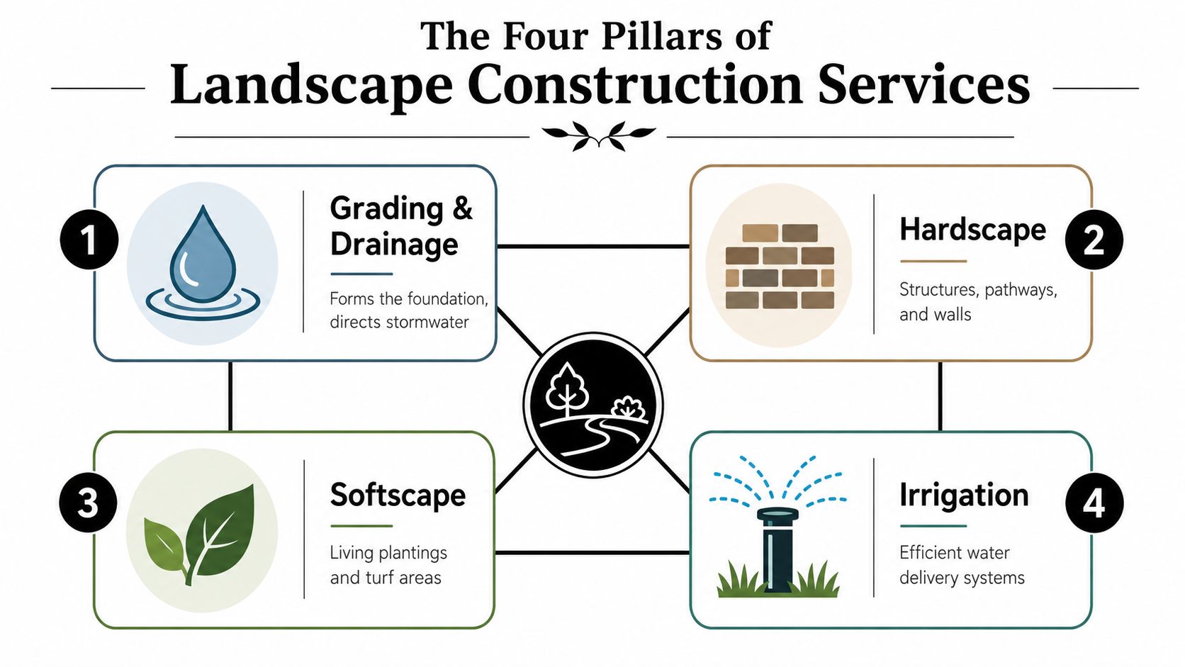 A diagram illustrating the four pillars of landscape construction services, including grading, drainage, hardscape, softscape, and irrigation.