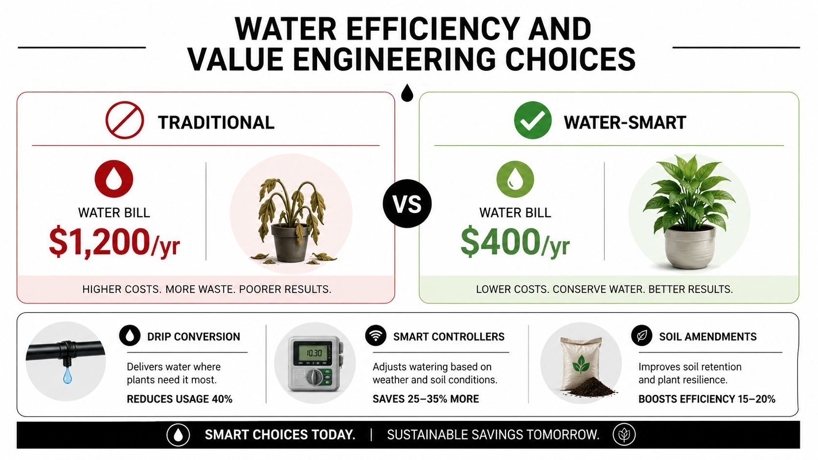 A comparative infographic highlighting the cost savings and plant health benefits of water-smart irrigation over traditional watering methods.