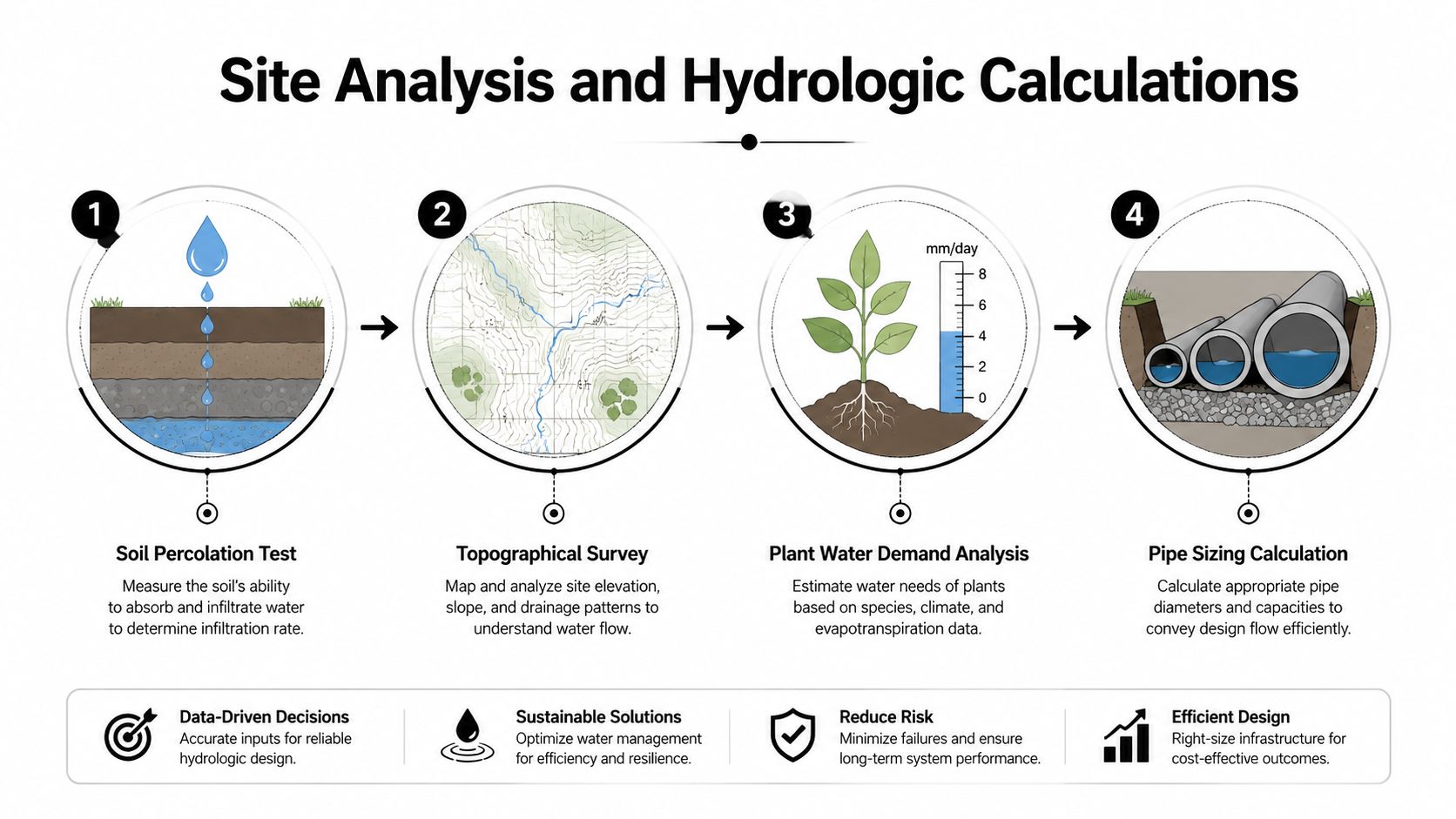 An infographic detailing the four-step process for landscape irrigation design including soil, topography, plants, and pipe sizing.