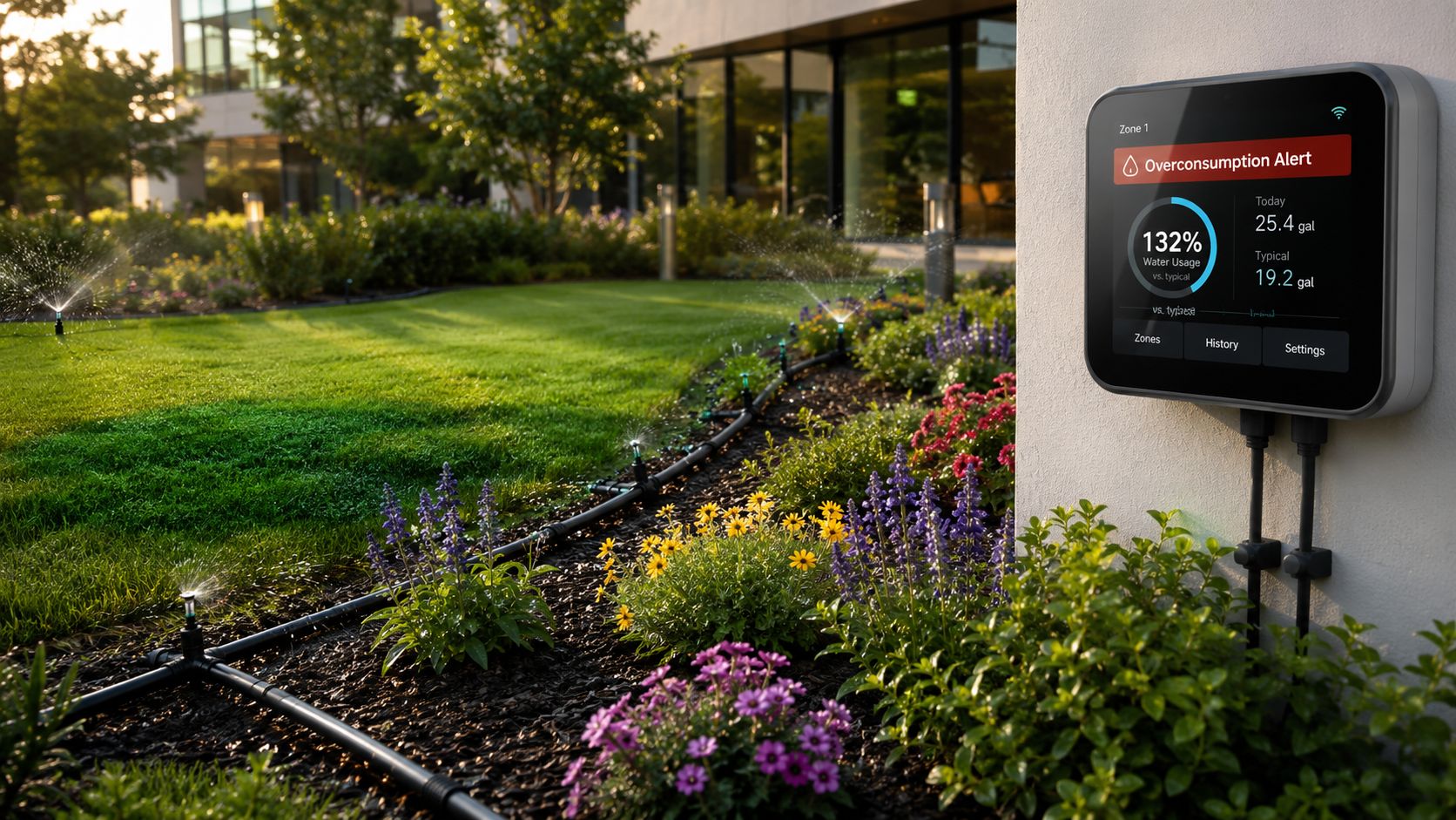 A digital irrigation controller mounted on a wall displaying an overconsumption alert near a lush garden.