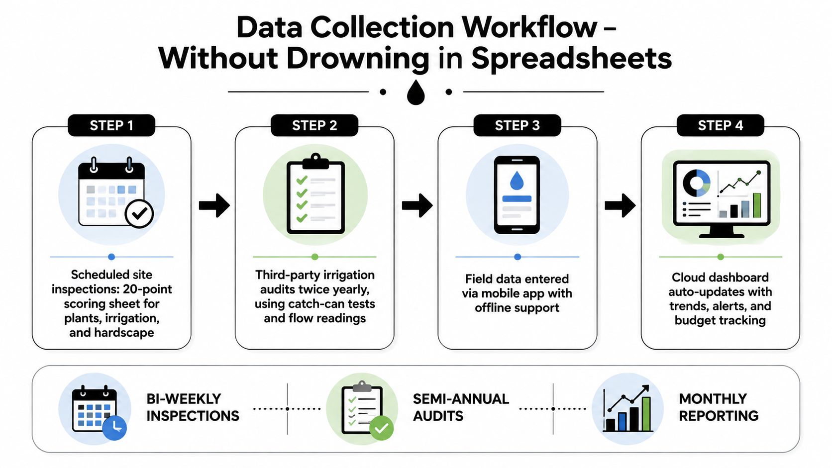 A four-step infographic illustrating a streamlined data collection workflow for landscape maintenance inspections, audits, and cloud reporting.