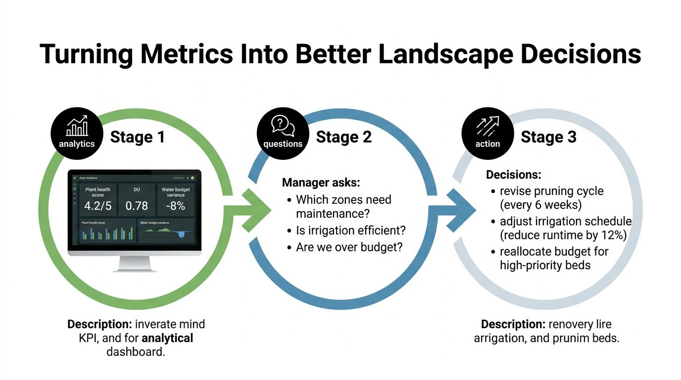 A diagram illustrating a three-stage process to improve landscape management decisions using performance metrics and analytics.
