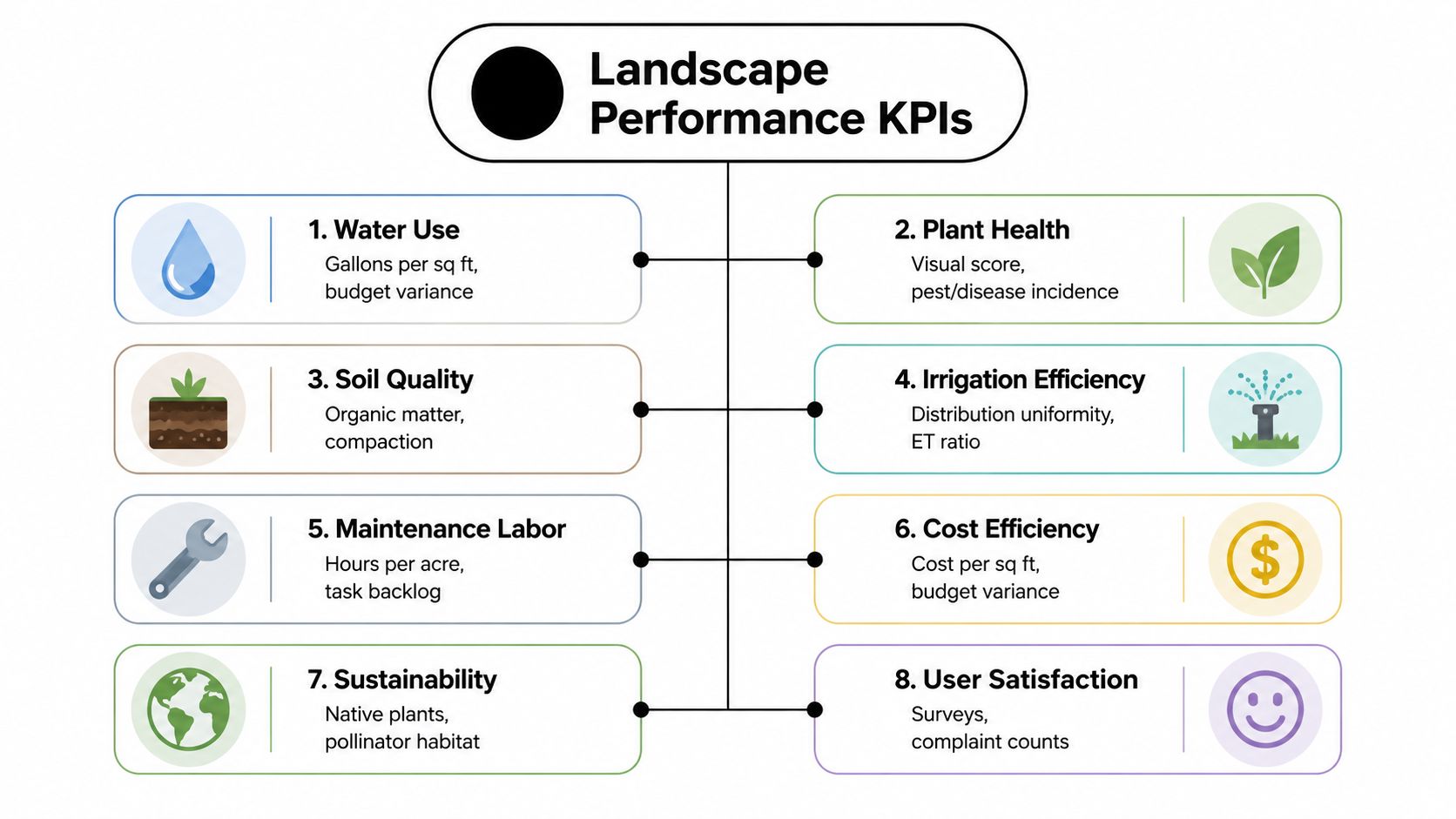 An infographic titled Landscape Performance KPIs showing eight key indicators for landscape management and maintenance evaluation.
