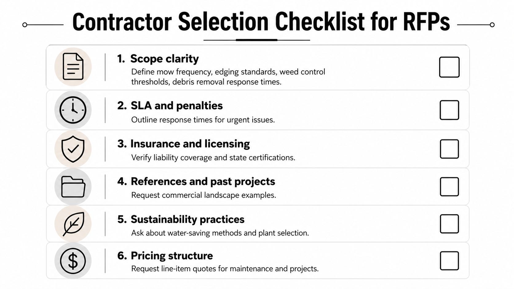 A checklist for selecting landscape contractors with six key criteria for creating successful RFPs.