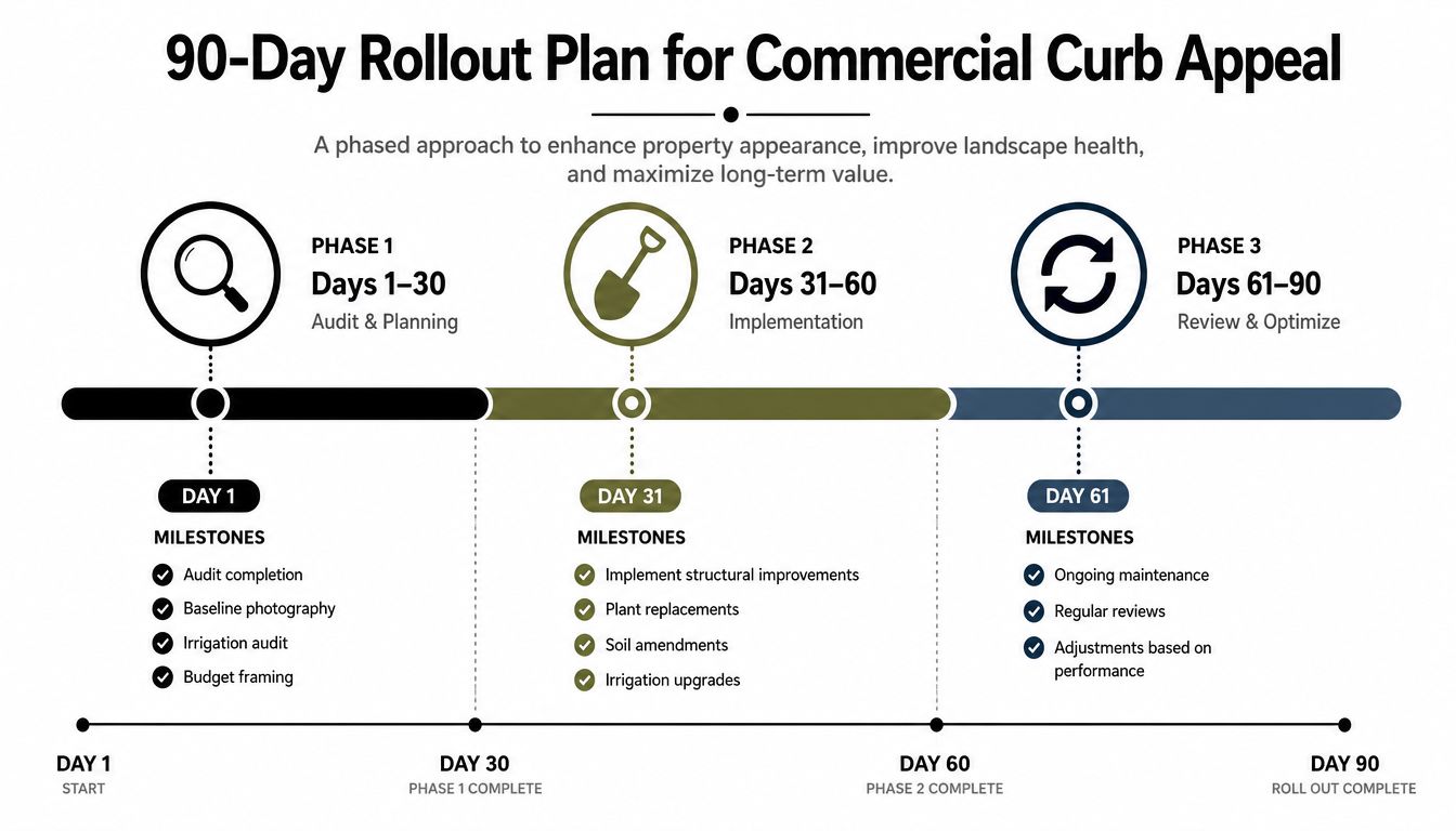 A 90-day rollout plan infographic for improving commercial landscaping and property curb appeal through structured phases.