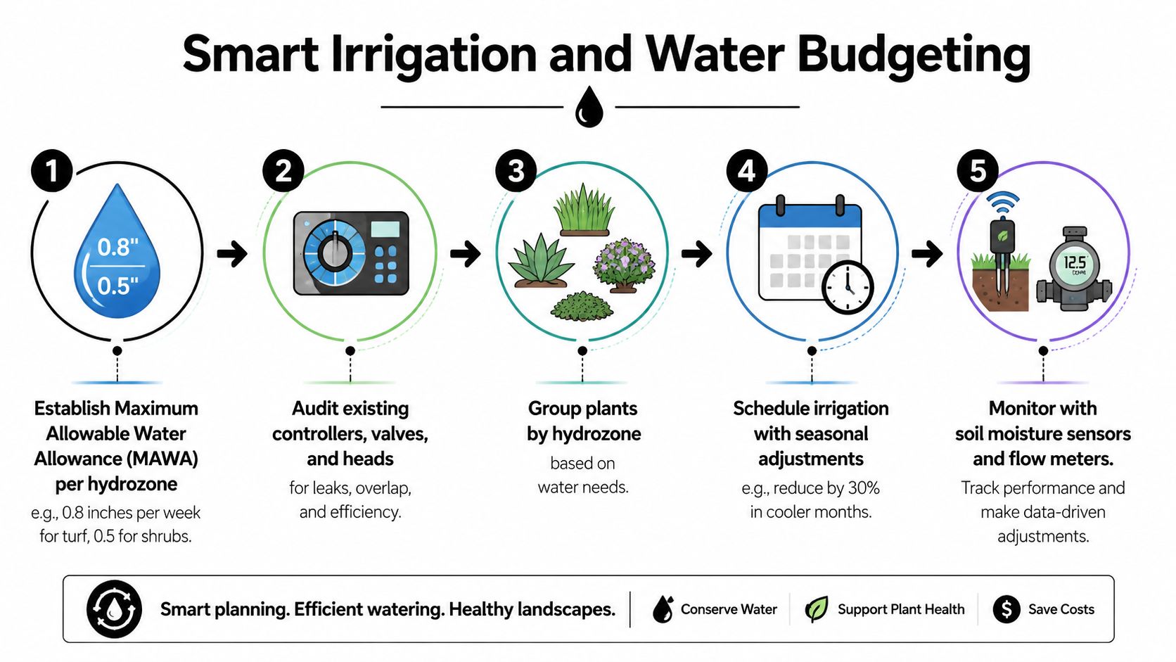 A five-step infographic showing how to implement a smart irrigation system and water budgeting for landscapes.