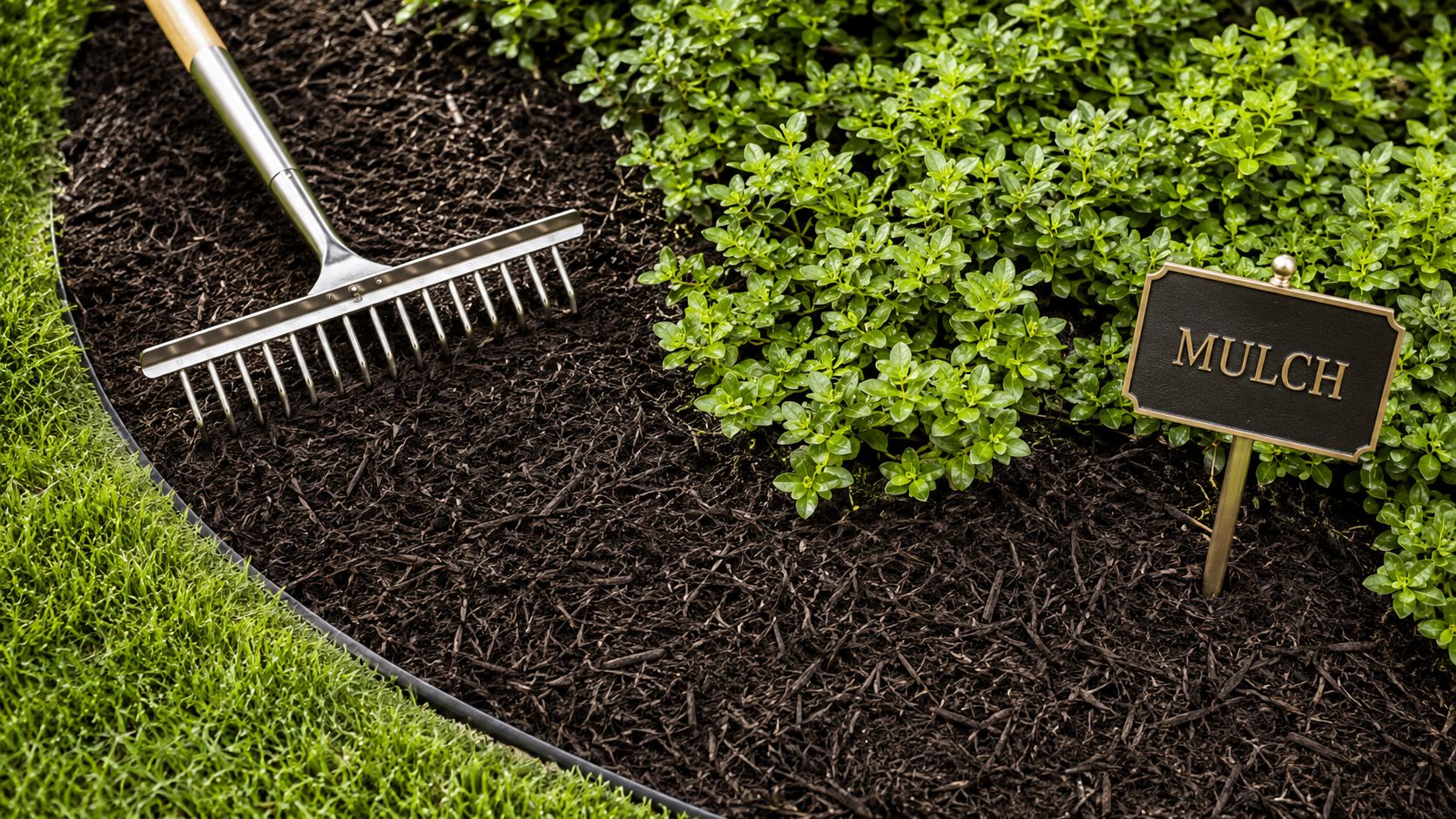 A garden rake rests on dark mulch next to a green plant and a mulch sign.