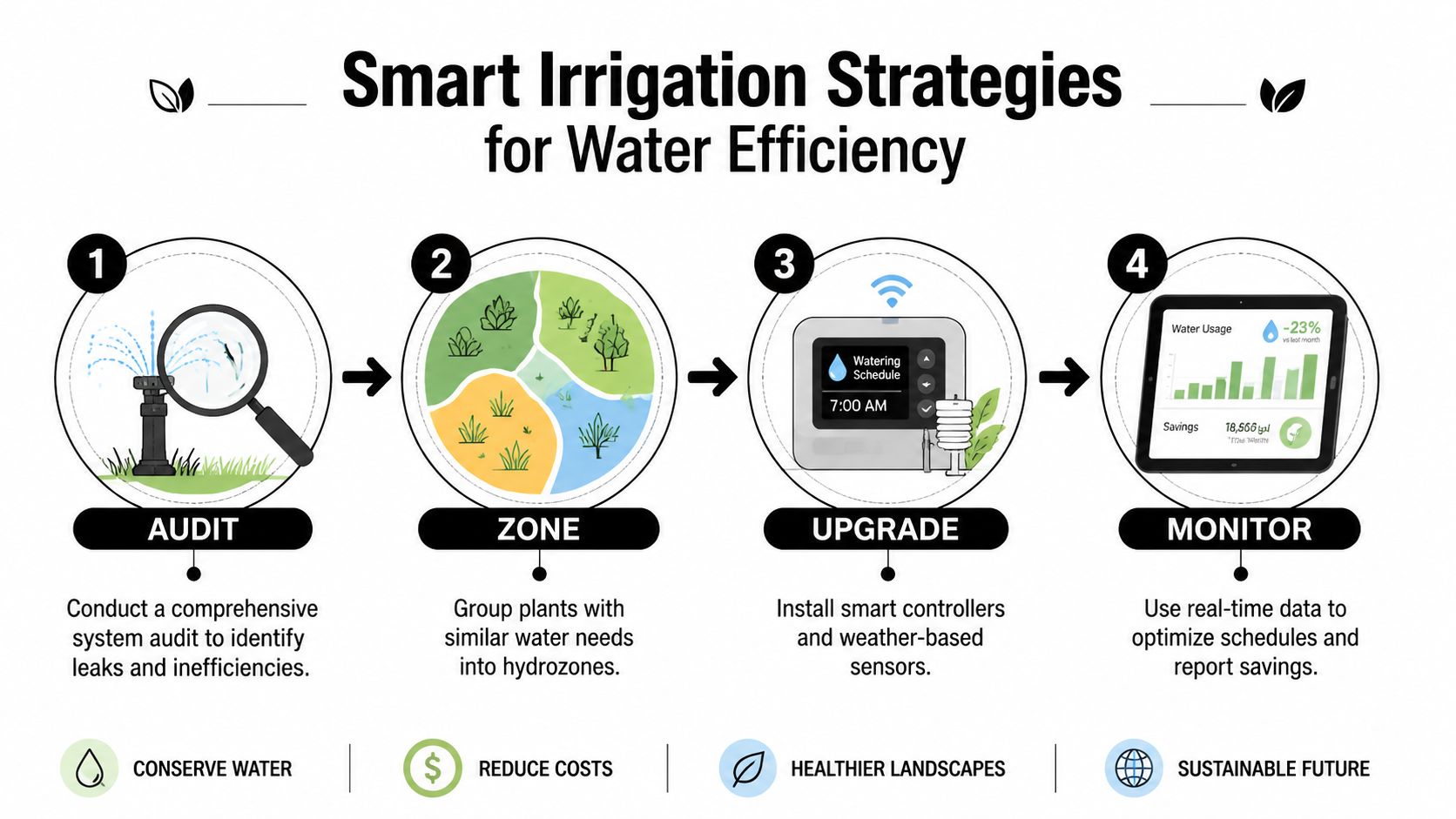 An infographic showing four steps for smart irrigation strategies to achieve water efficiency and lower maintenance costs.