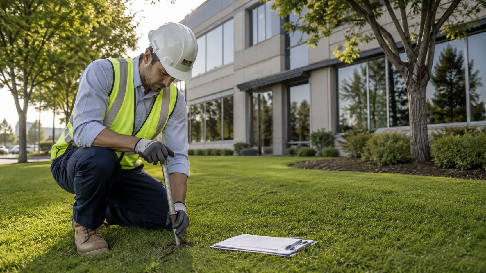 A professional surveyor in a hard hat and safety vest performs a soil test on a lawn.