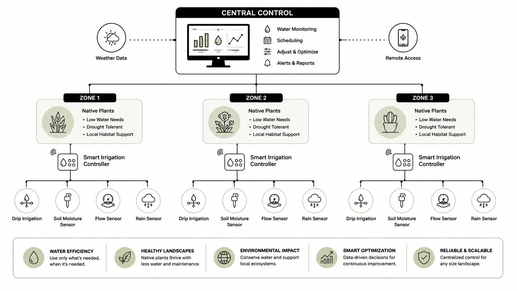 A diagram illustrating a smart irrigation system for native plant landscapes, featuring centralized control and monitoring.
