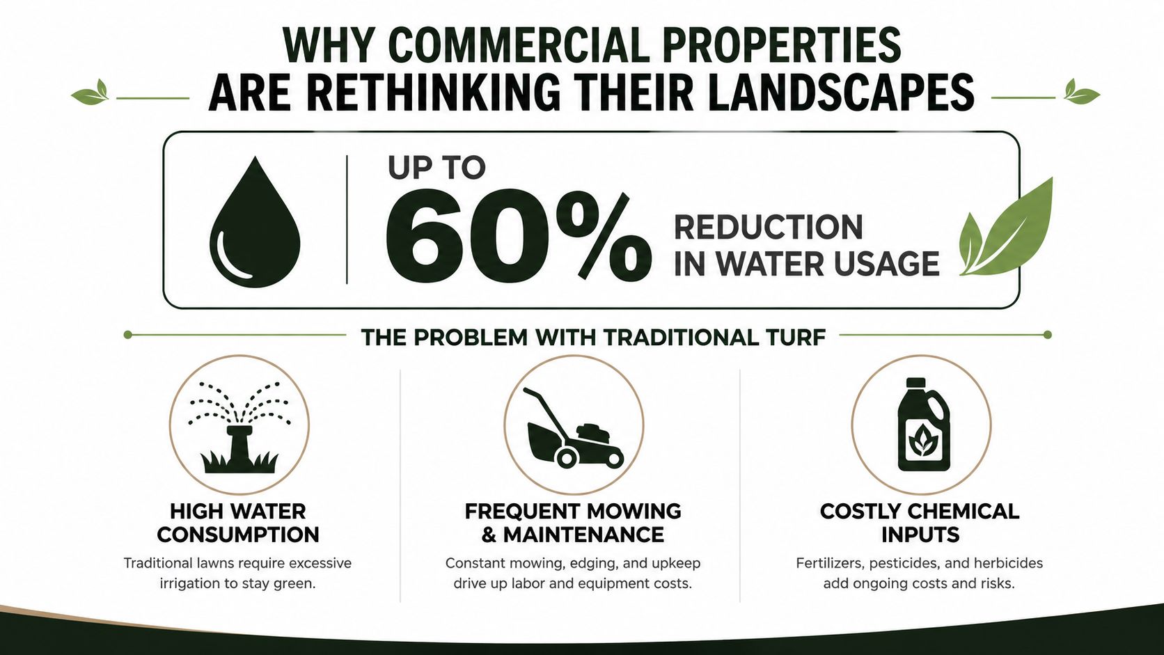 An infographic illustrating why commercial properties are shifting away from traditional turf lawns to save water.