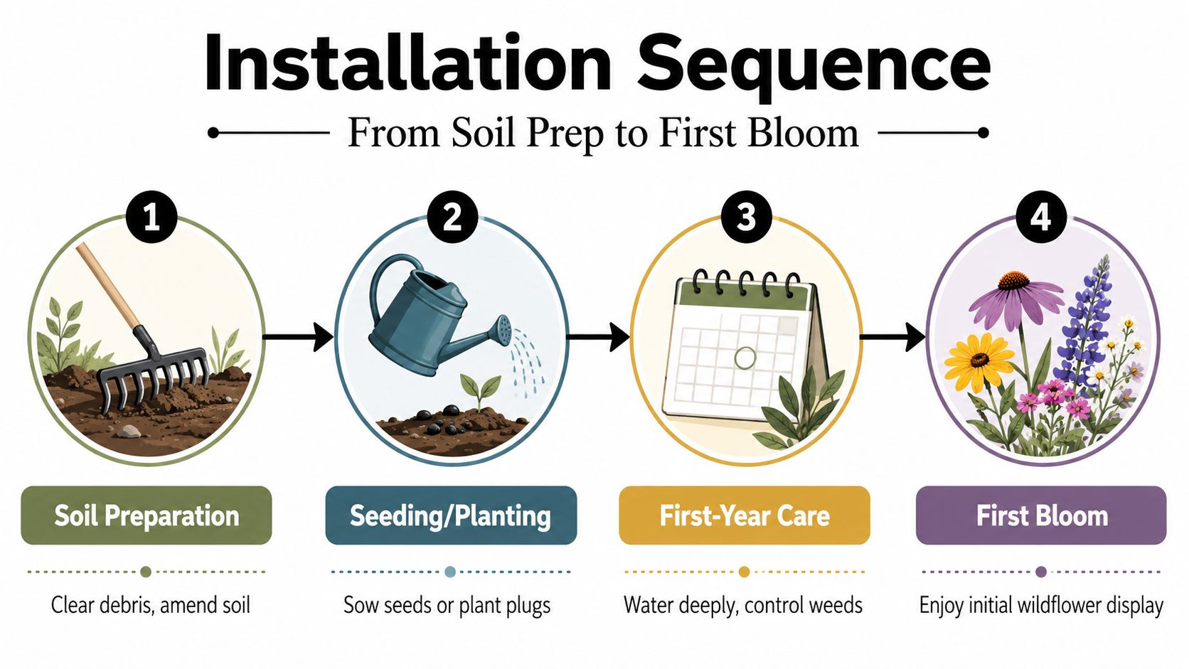 A four-step infographic showing the sequence for installing native wildflowers, from soil preparation to first bloom.