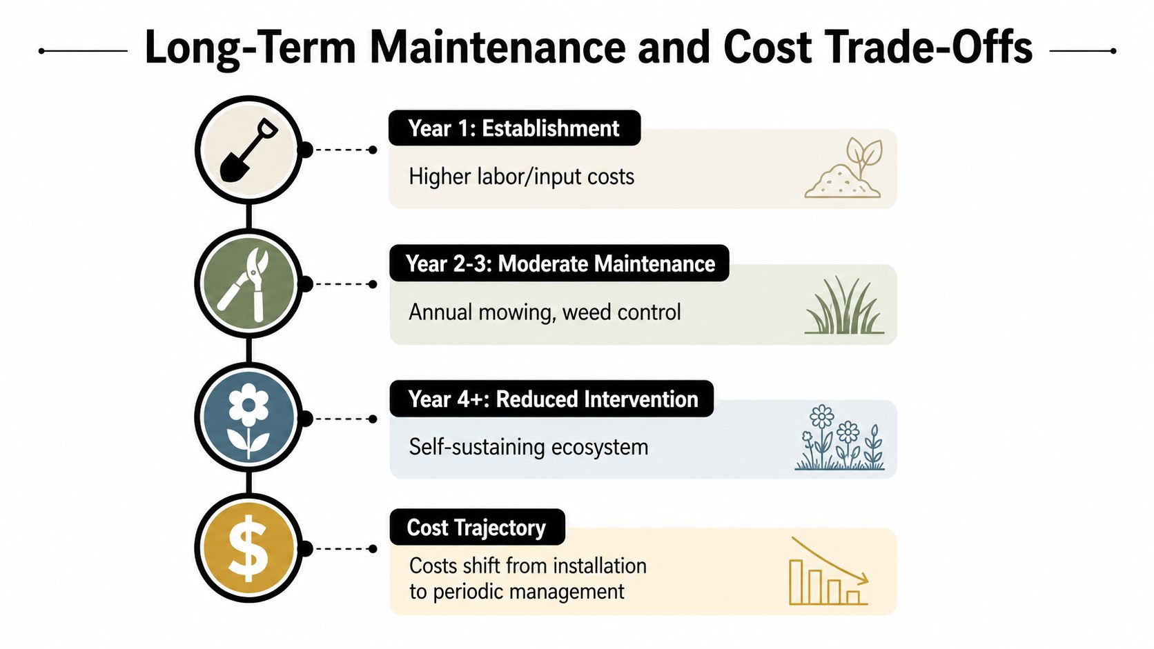 A timeline graphic showing the long-term maintenance stages, cost trade-offs, and decreasing labor for native wildflower landscapes.