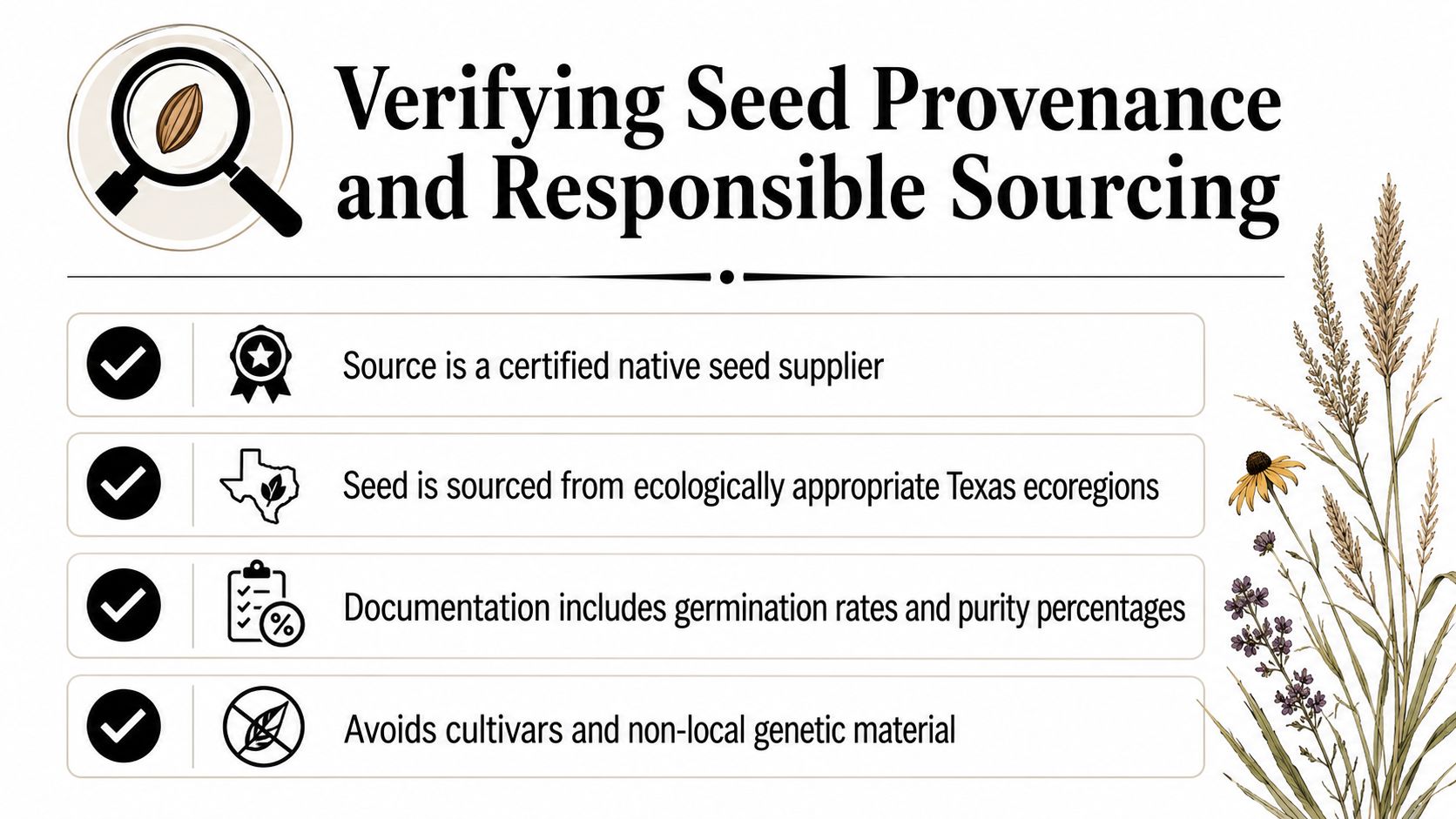 An infographic detailing four guidelines for verifying responsible sourcing and provenance of native Texas wildflower seeds.
