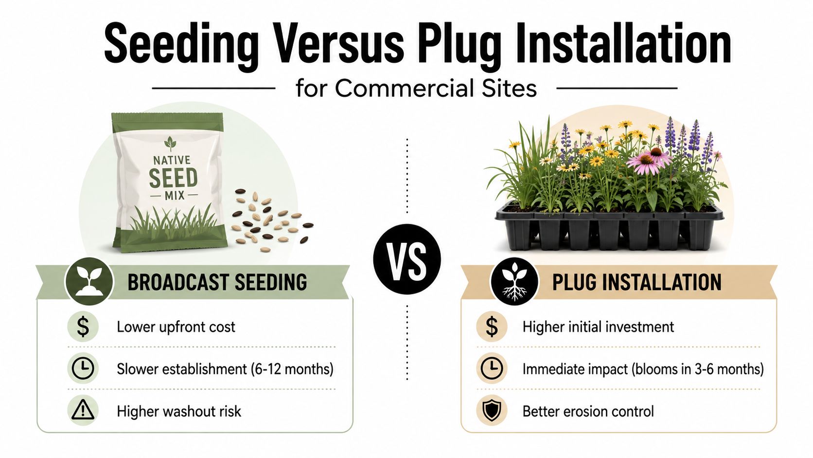 A comparison chart showing the differences between native wildflower broadcast seeding and plug installation for commercial landscapes.