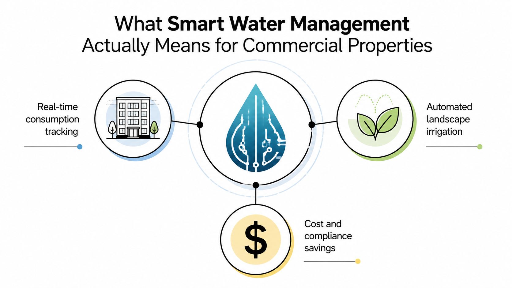 A diagram illustrating the benefits of smart water management systems for commercial properties including cost savings and automation.