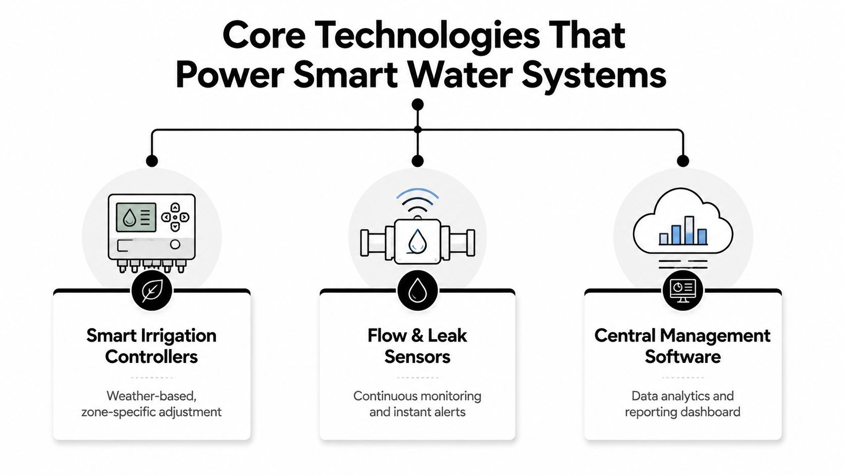 A diagram illustrating three core technologies for smart water systems: irrigation controllers, leak sensors, and management software.