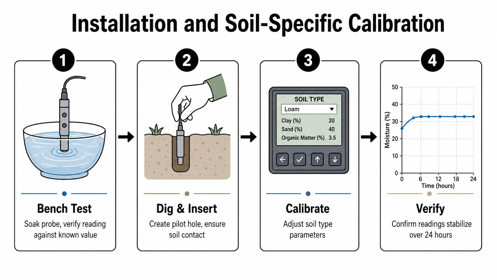 A four-step infographic illustrating the installation and soil-specific calibration process for a soil moisture sensor probe.