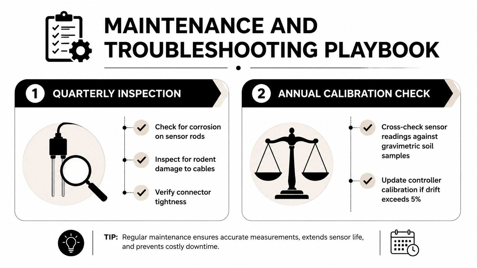 A maintenance and troubleshooting infographic for soil moisture sensors featuring inspection and calibration steps.