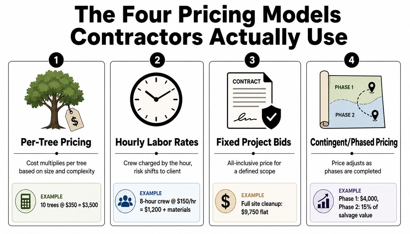 An infographic titled The Four Pricing Models Contractors Actually Use explaining common contractor pricing strategies.